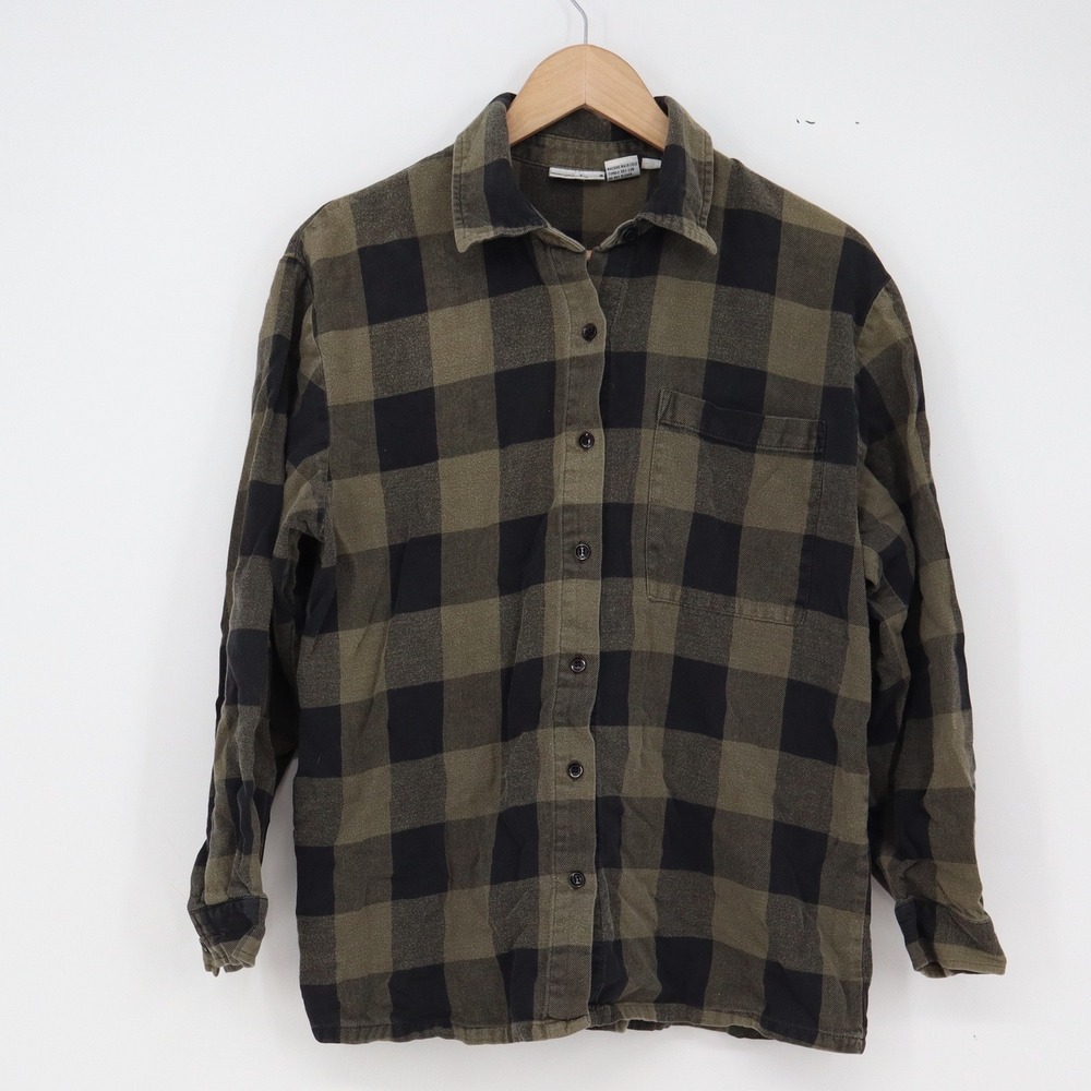 Newport News Shirt Womens M Easy Style Green Black Plaid Button-down